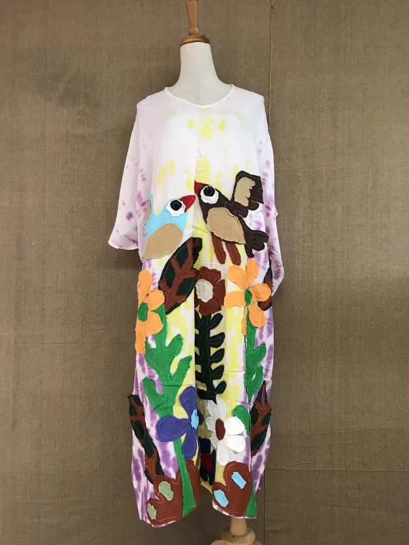 泰国清迈手工贴布绣可爱童趣棉阿拉伯中东风格中长袍子连衣裙