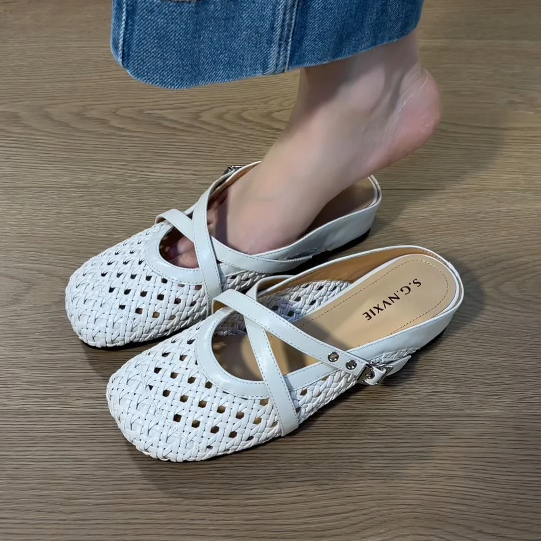 拖鞋夏季2025年新款增高编织镂空交叉带通勤包头简约舒适透气半拖