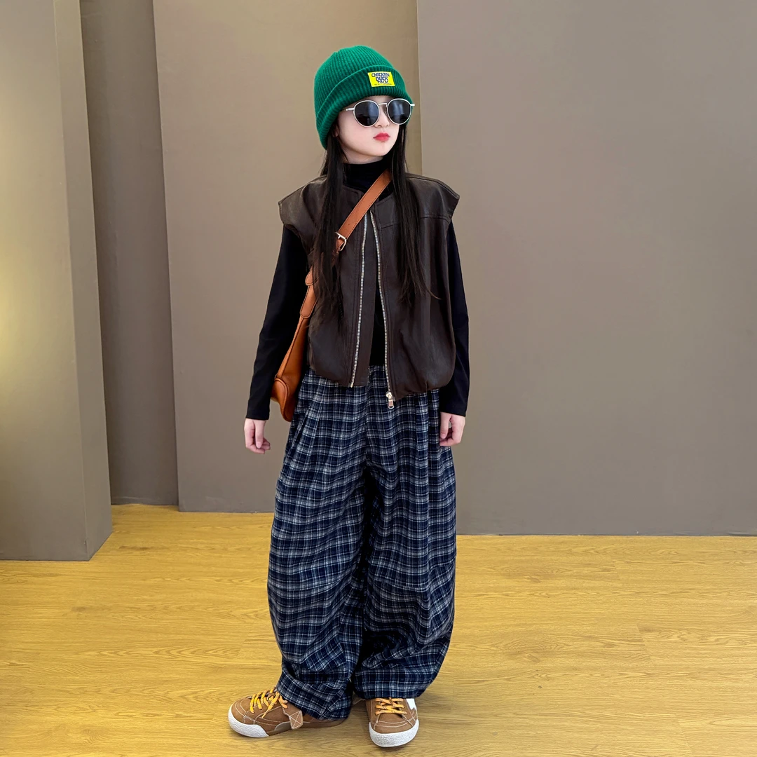 女童2025新款韩版中大童皮马甲格子阔腿裤韩范夹克春秋款套装潮酷