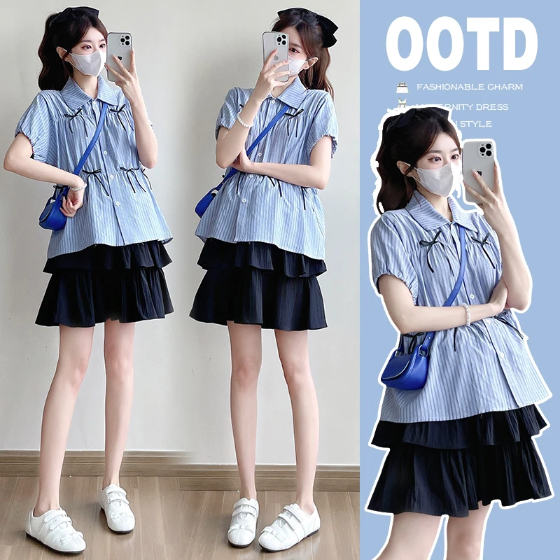 孕妇装2025春夏新款时尚百褶蛋糕短裙外穿遮肚子宽松休闲孕妇套装