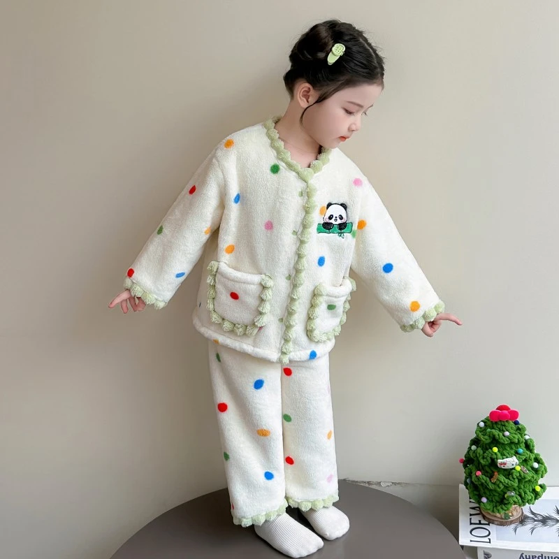 女童法兰绒睡衣秋冬季儿童加厚保暖冬款珊瑚绒女孩可爱宝宝家居服