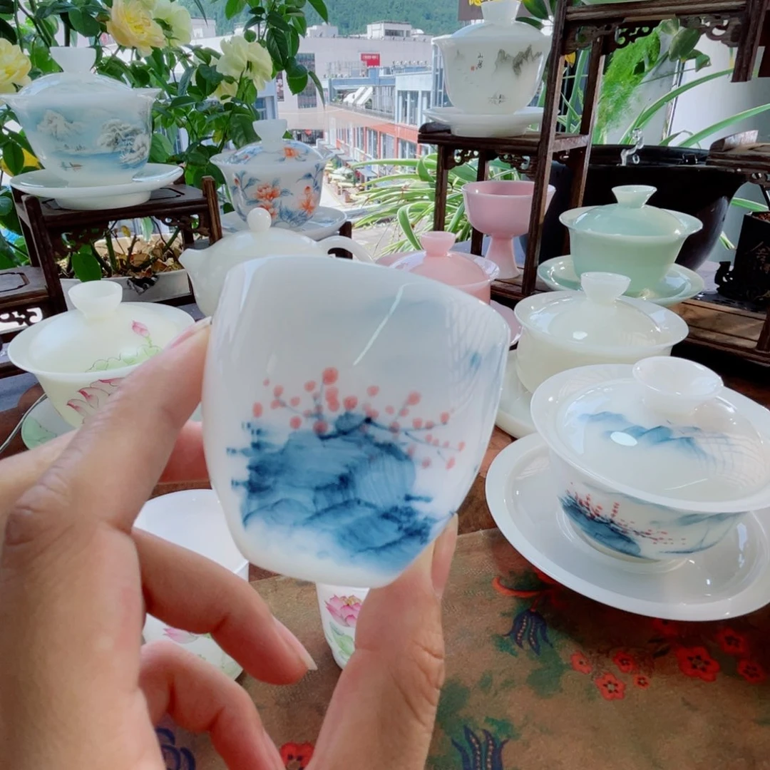 冰晶璞玉手绘山水客杯