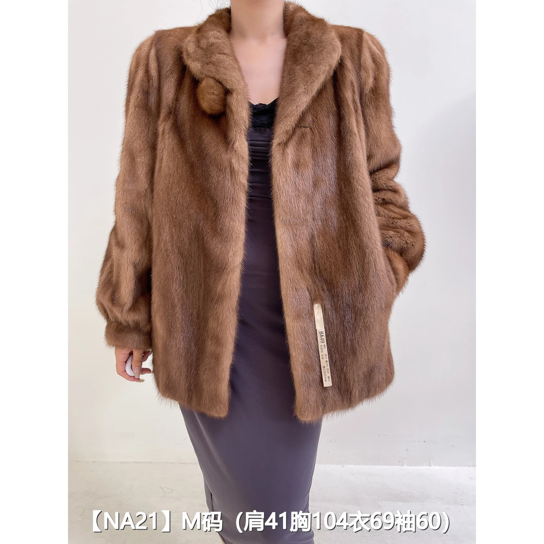 【NA21】M 奶茶棕短款整皮貂皮大衣外套女 翻立领泡泡袖 01021