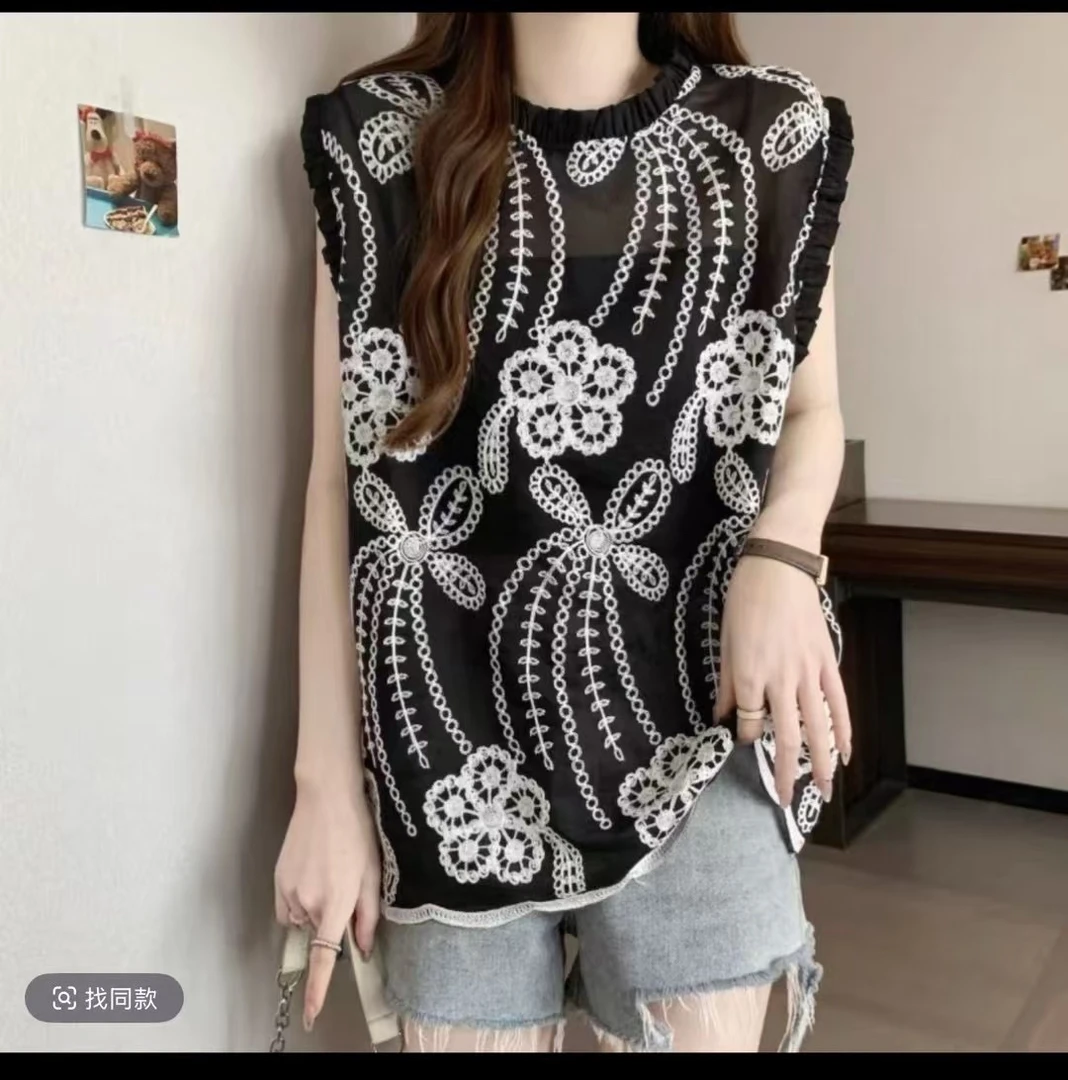 ～（姐姐家）法式重工刺绣无袖雪纺薄款网纱款外穿高级感上衣