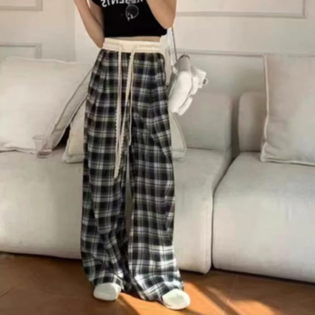 新款爆款格子裤宽松大版型阔腿裤蕾丝腰带百搭显瘦复古韩版垂感