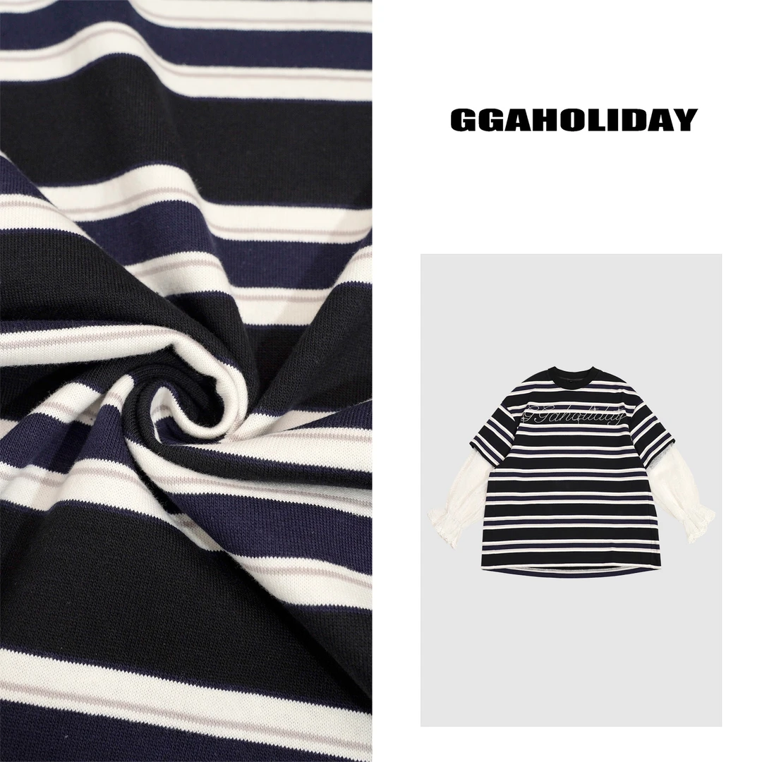 25轻奢高级感春季街头时尚潮流条纹显瘦拼接蕾丝长袖T恤-151032