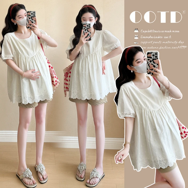 孕妇装2025夏季新款时尚百搭韩版蕾丝刺绣减龄娃娃衫上衣孕期衬衫