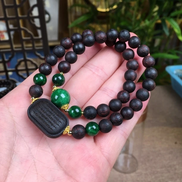 【五条经天然降真香】0.8cm双圈绿色甘青手工女款国风中式手串手链