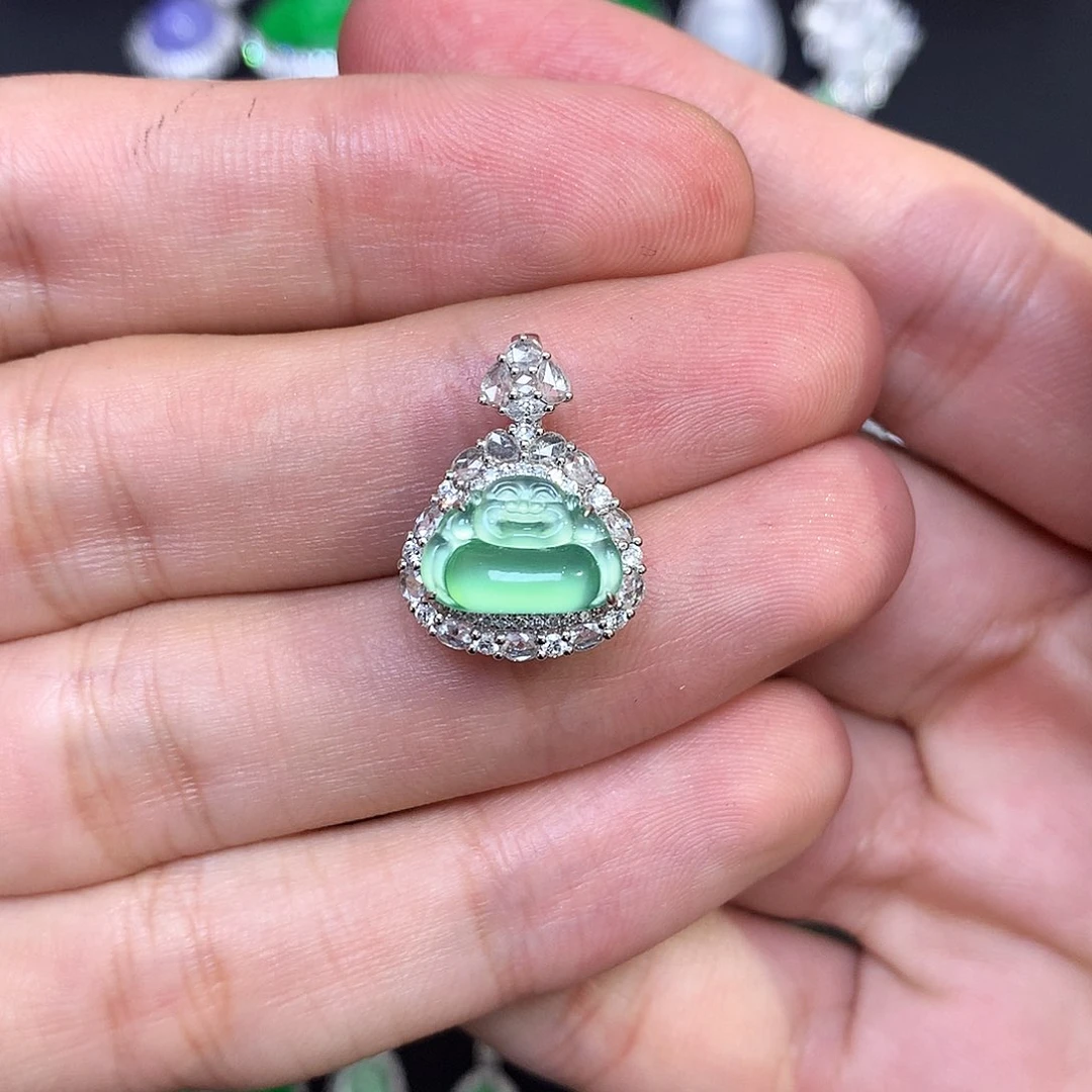 翡翠18K金镶嵌吊坠(不含链)木纳炸光佛公