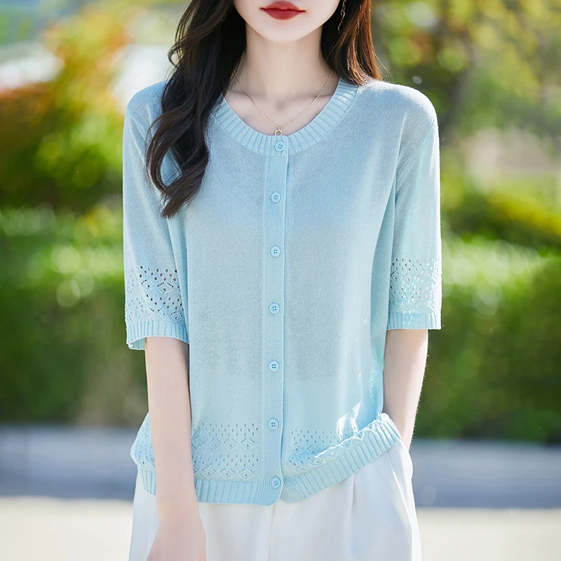 2025夏季新款针织天丝亚麻时尚百搭圆领下摆镂空针织简约短袖开衫