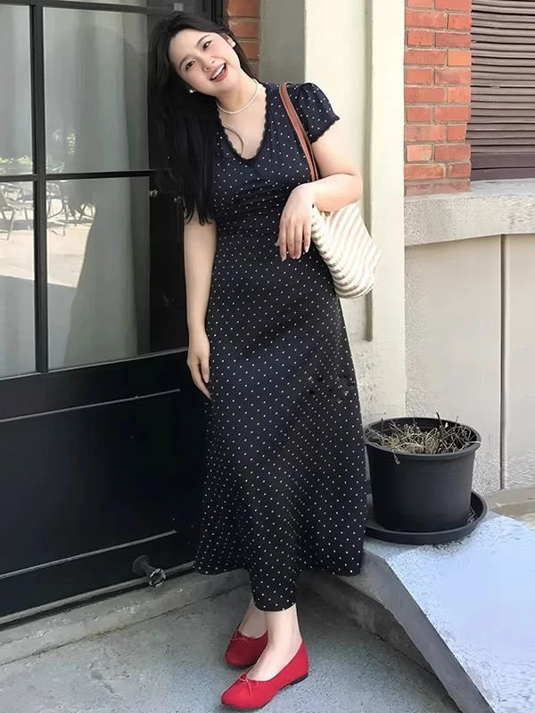 【暗夜甜心】夏季微胖mm韩系v领蕾丝边收腰显瘦波点连衣裙女