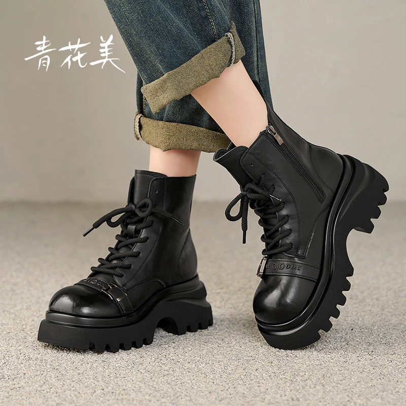 新款马丁靴女款2025秋季小个子厚底增高黑色英伦风配裙子单靴显瘦