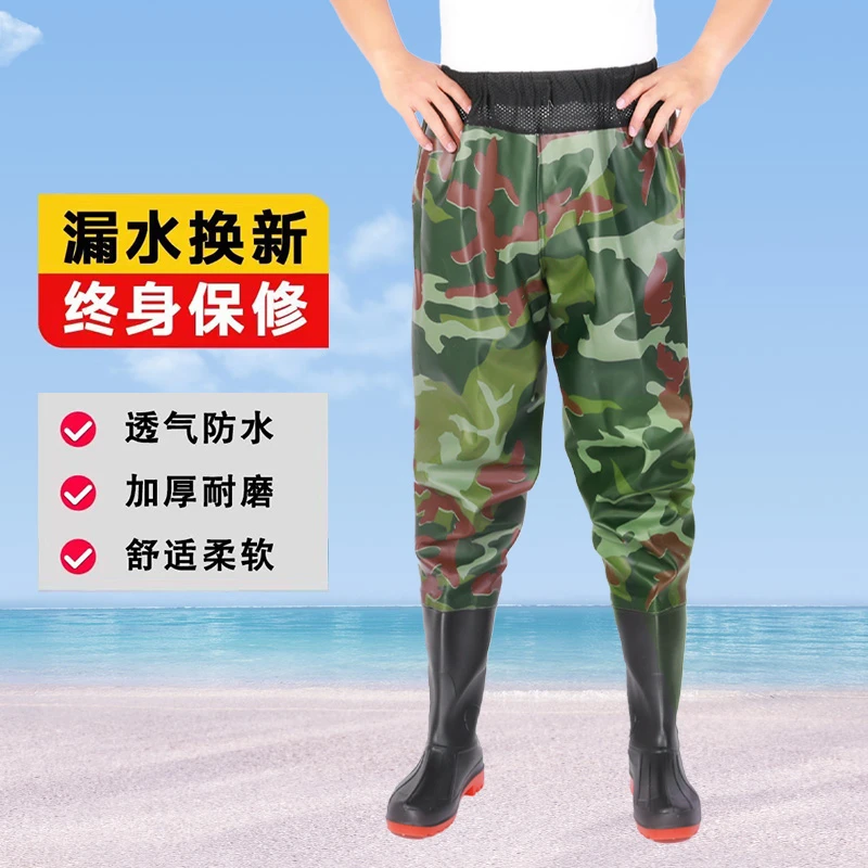 齐腰下水裤连体防水半身雨裤带雨鞋超轻钓捕鱼涉水皮叉水库加厚男