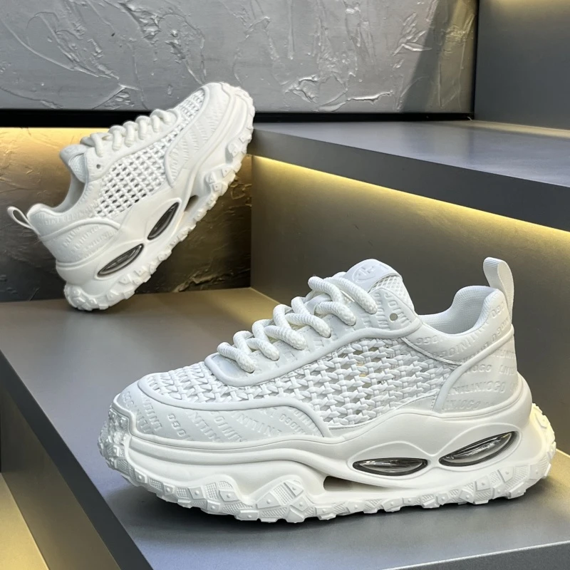 男鞋新款运动老爹鞋透气编织网面小白鞋气垫百搭厚底增高老爹鞋男