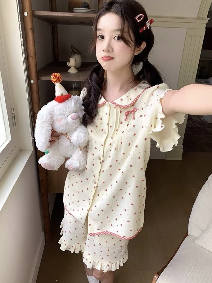 【漫花沁语】新款夏季甜美小清新碎花短袖睡衣女可外穿家居服套装
