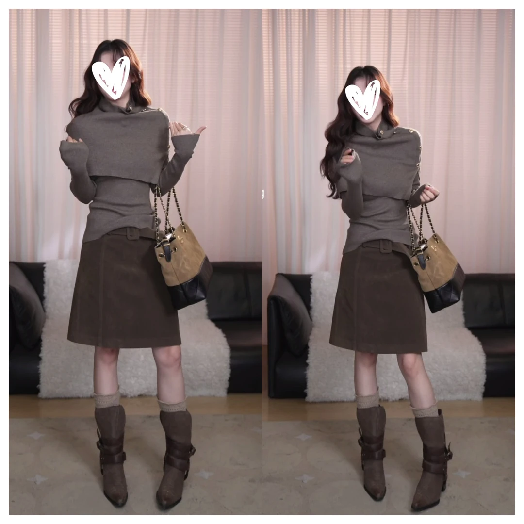 【一叶知秋】冬季气质千金不规则披肩时尚修身毛针织衫套装C6655