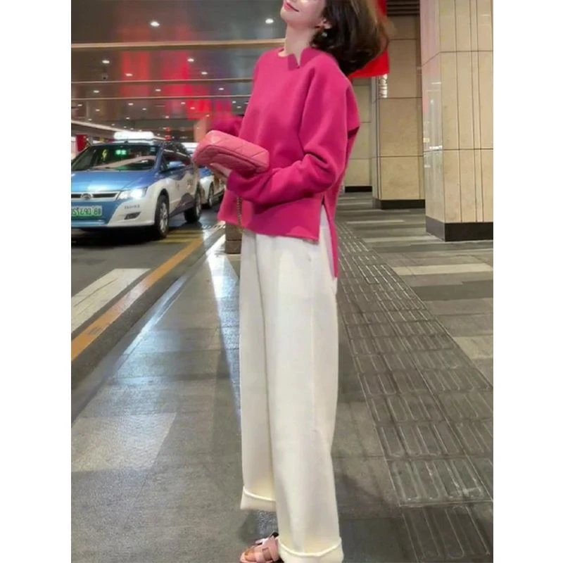 小香风装裤女春季装搭配一整套法式设计感小众火龙果色卫衣两件套