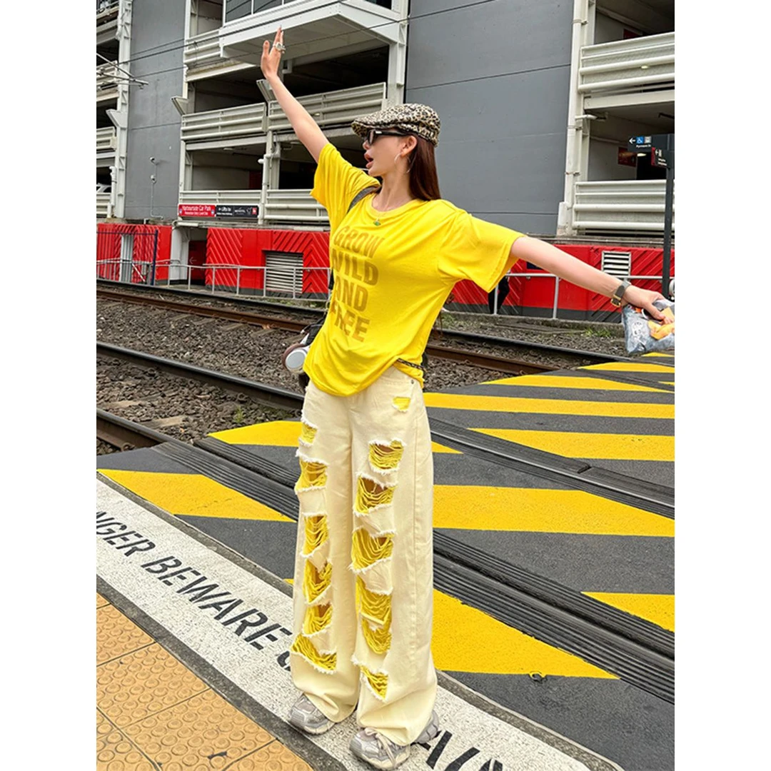 牛仔裤女夏季设计感破洞黄色裤子不规则小众辣妹宽松遮肉阔腿长裤