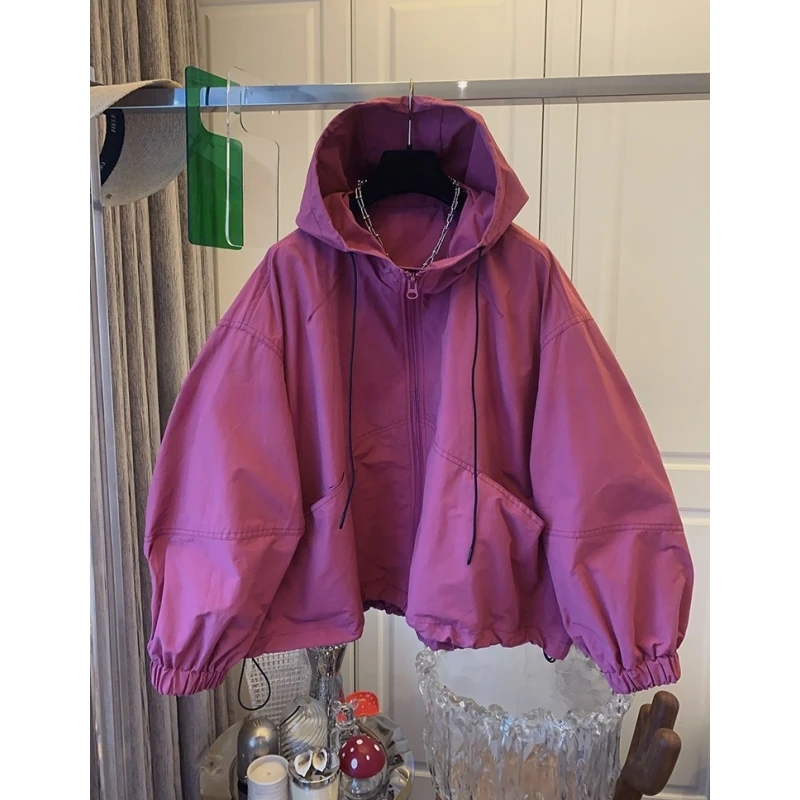 时尚独特超好看工装风树莓粉色休闲连帽风衣宽松外套女2025春新款