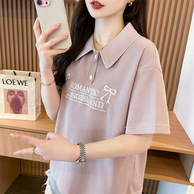 短袖T恤女夏季新款polo衫华夫格宽松大码显瘦减龄小众百搭上衣ins