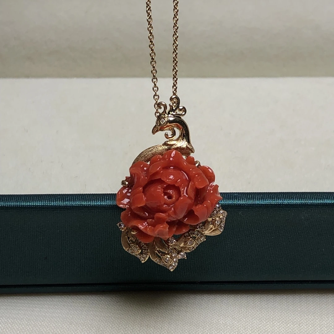 天然珊瑚牡丹花吊坠精致百搭珠宝首饰本命年生日礼物17.8x27.5mm