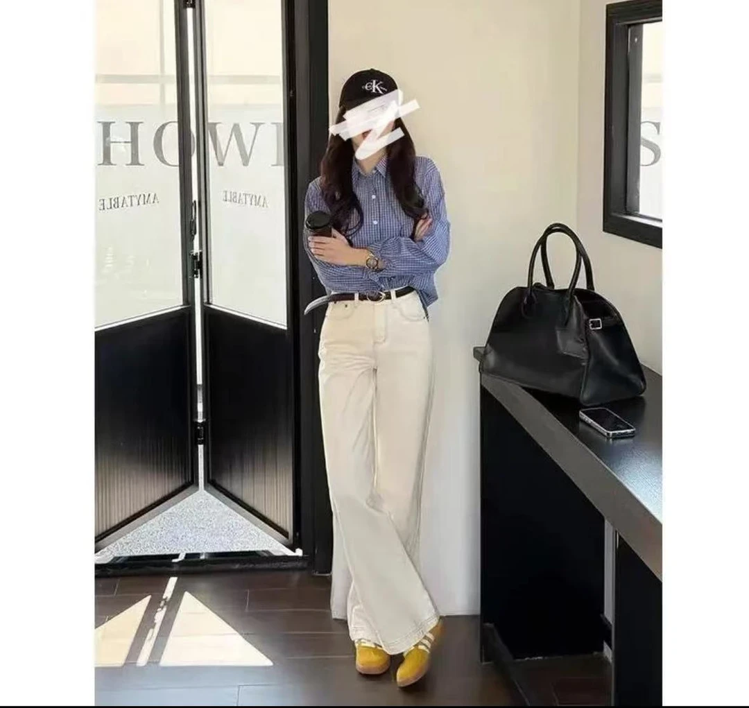 【送腰带】米杏色牛仔裤女高腰休闲宽松复古显瘦显腿长窄版阔腿裤