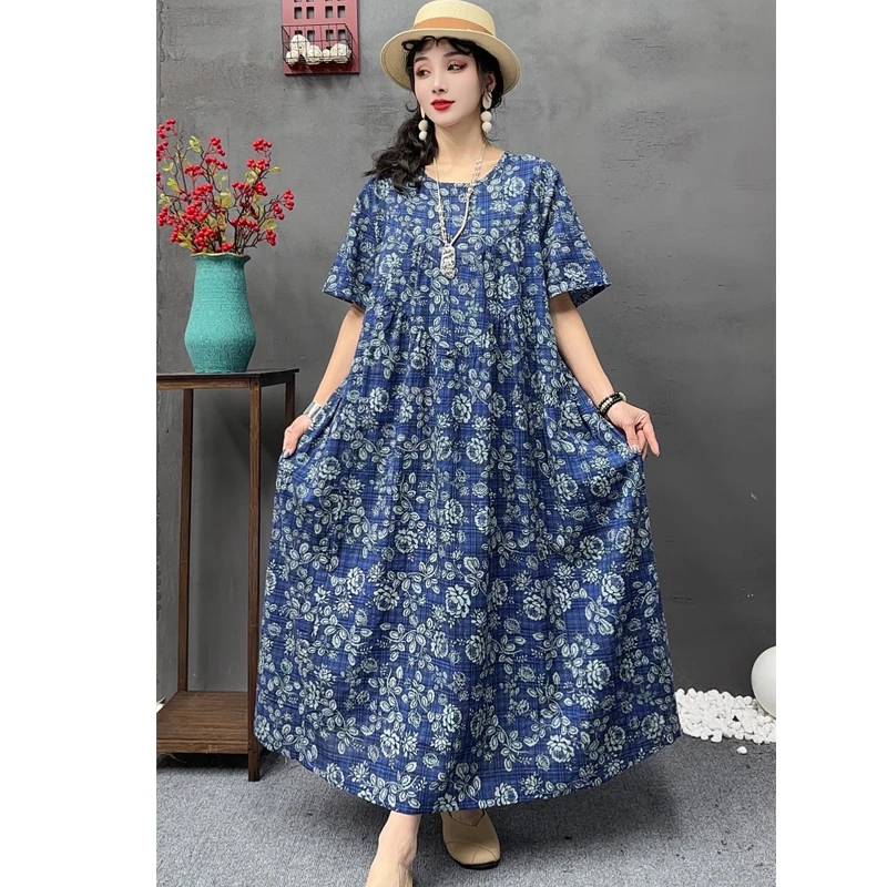 清新雅致--短袖连衣裙大码宽松百搭遮肉减龄时尚亲肤透气吸汗凉爽