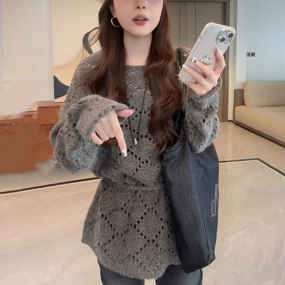 早秋新款女灰色镂空针织衫宽松显瘦慵懒高级感毛衣内搭打底衫上衣
