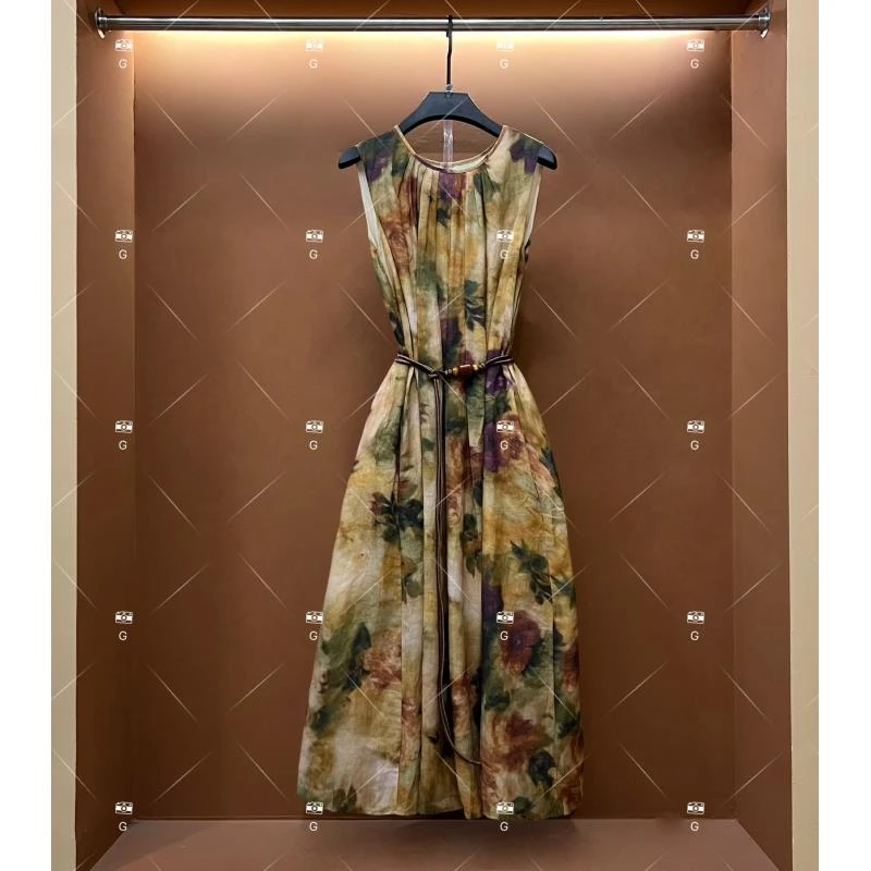 【L姐】夏季新款复古时尚百搭印花无袖连衣裙 H-517