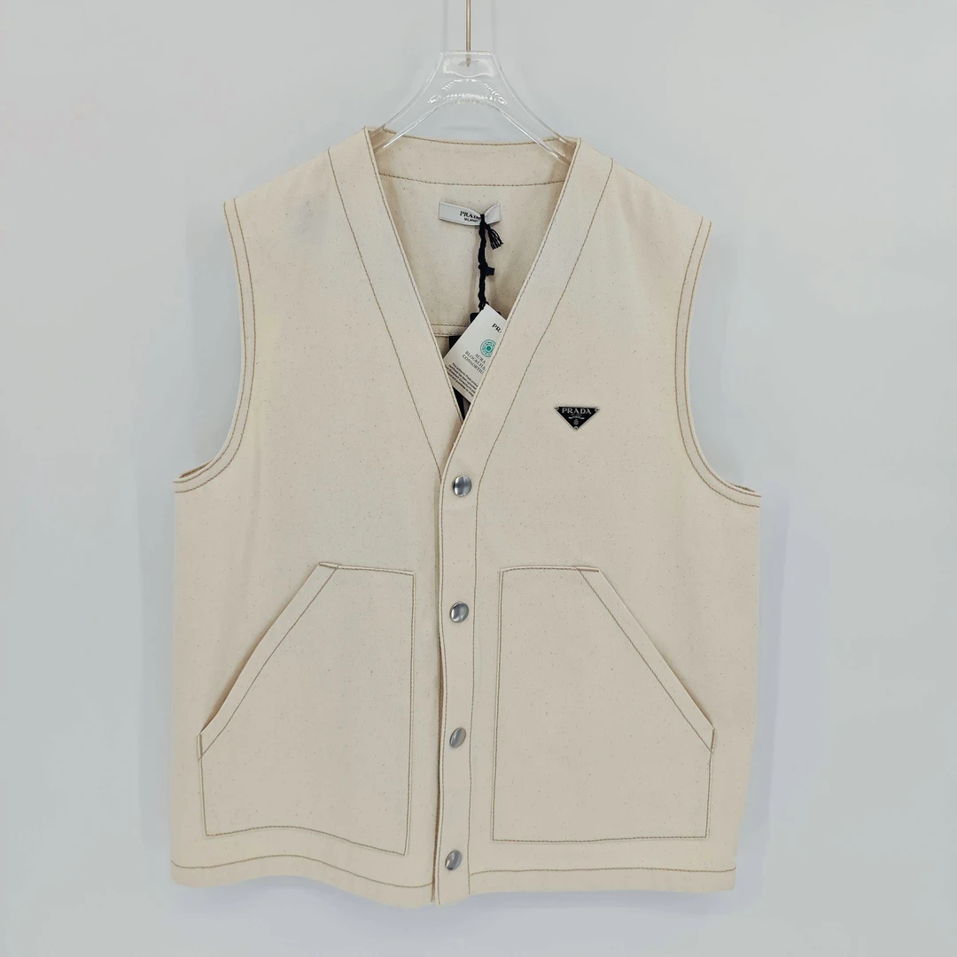 未使用 Prada/普拉达 白色亚麻三角牌牛仔马甲/M码/Sw24524