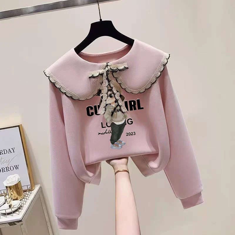 女童秋装卫衣2025新款洋气秋季女孩蕾丝娃娃领衣服儿童春秋款上衣