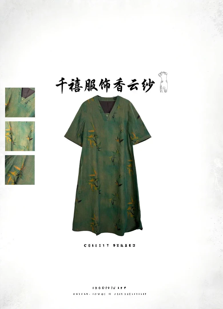 【千禧服饰】1316香云纱桑蚕丝绿色夏季中式V领优雅气质原龟连衣裙