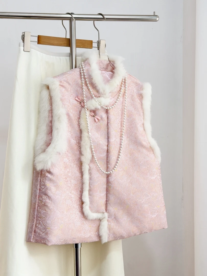 新中式国风真毛领兔毛马甲夹棉加厚秋冬年轻减龄高端国风背心