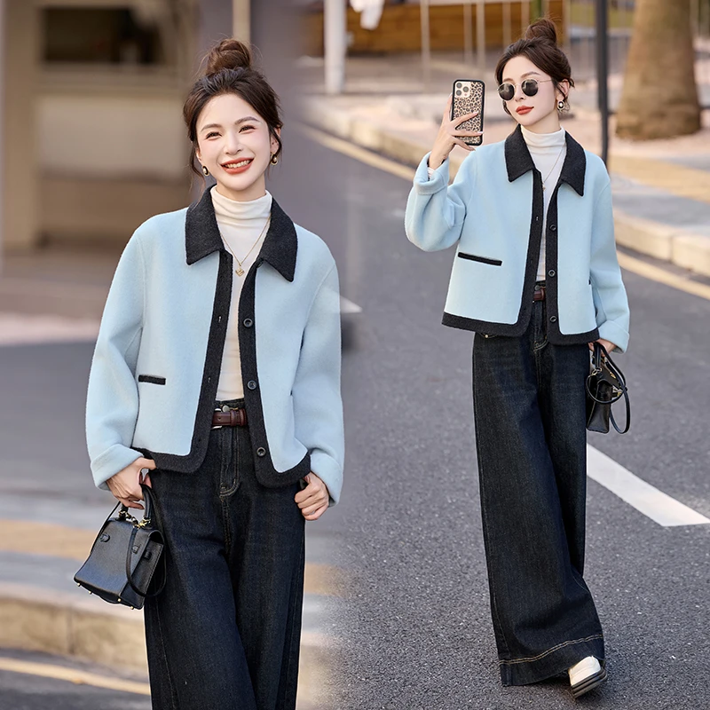 小个子撞色翻领双面羊毛大衣女2025秋冬新款洋气减龄短款毛呢外套