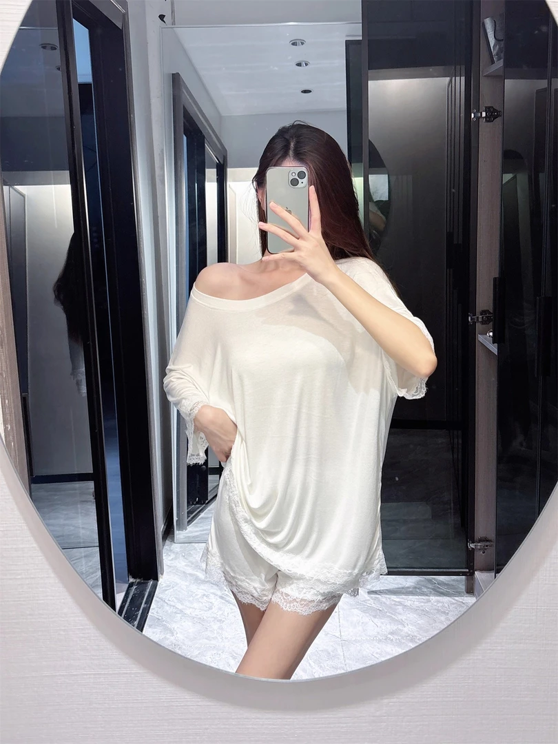纯欲风设计感韩版宽松斜肩性感蕾丝短袖莫代尔睡衣女款家居服套装