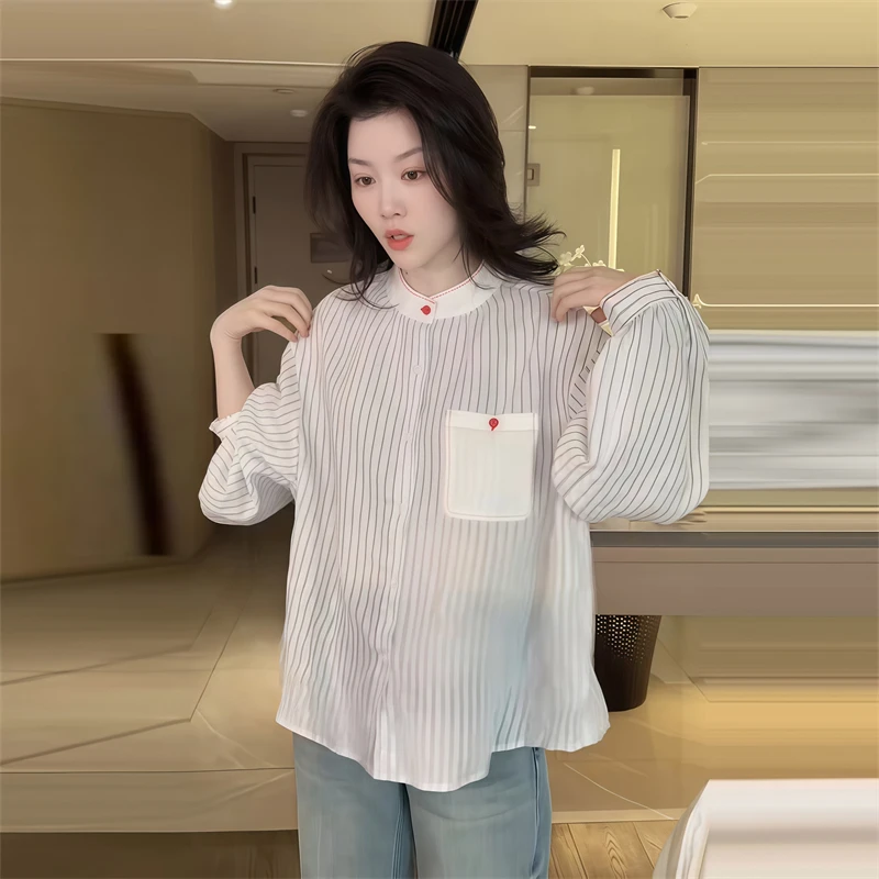 韩版通勤条纹拼接立领衬衫女2025春季新款今年流行简约撞色上衣潮