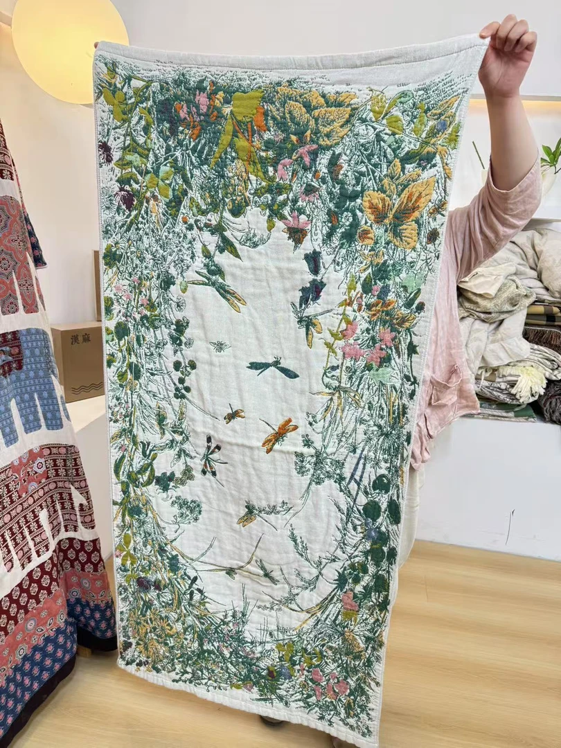 N-L日本品牌多层手工纱布浴巾75*150加厚速干沙发巾毯子 蜻蜓