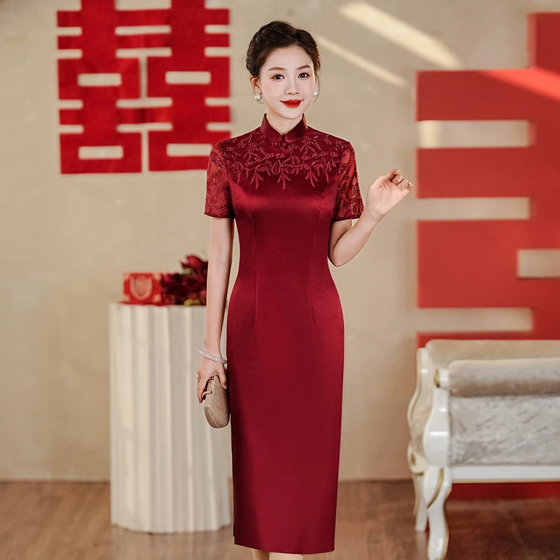 夏新款蕾丝醋酸旗袍酒红色喜婆婆婚宴婚礼礼服装年轻喜妈妈丈母娘