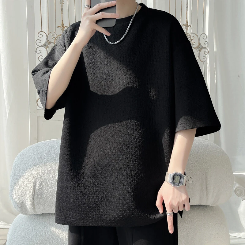 夏季新款大码肌理感男士短袖潮流纹理感宽松休闲百搭T恤