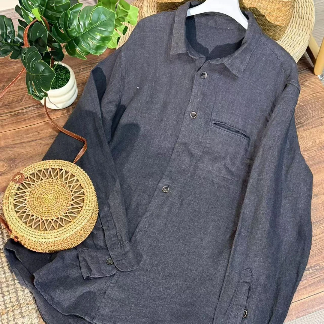 【云目悠悠】春夏季纯亚麻女士设计款长款翻领开衫20241409-1052