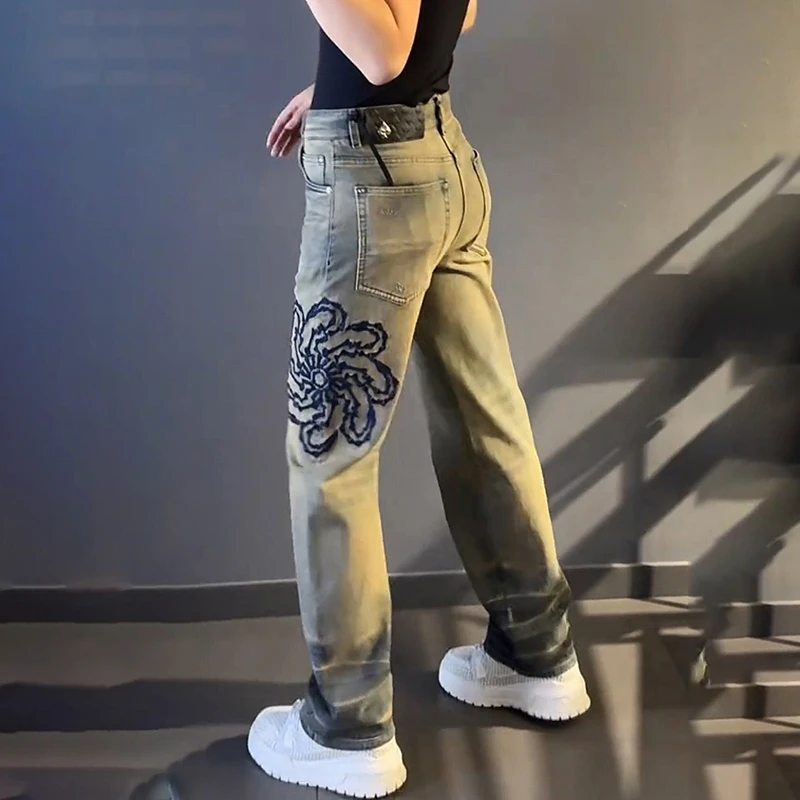 高级感刺绣直筒大码设计男士秋冬牛仔裤男款潮牌宽松时尚男裤复古