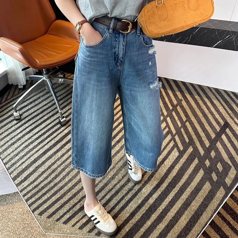 2025年夏季新款破洞阔腿七分裤女梨型身材高腰显瘦小个子牛仔中裤