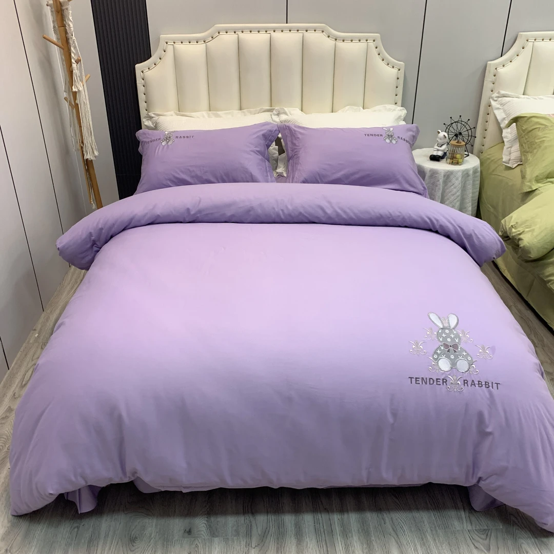 雪京  现货 新款 四季款纯棉全棉四件套 纯色绣花床上用品四件套