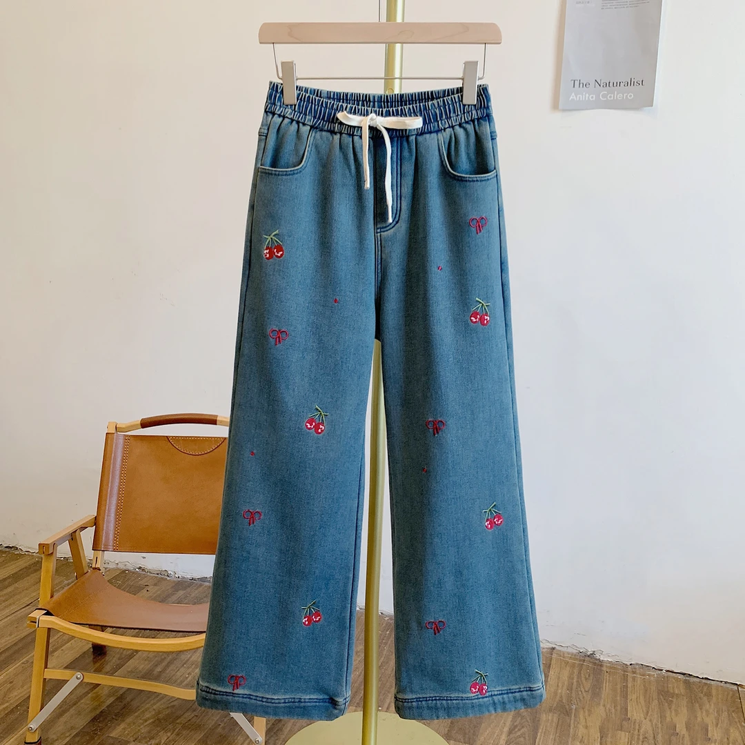 樱桃牛仔Y3275加绒刺绣蝴蝶结樱桃松紧腰系带牛仔阔腿裤