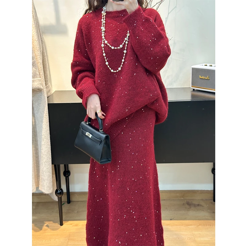 圣诞节红色亮丝毛衣套装女2024年秋冬穿搭一整套针织半身裙两件套