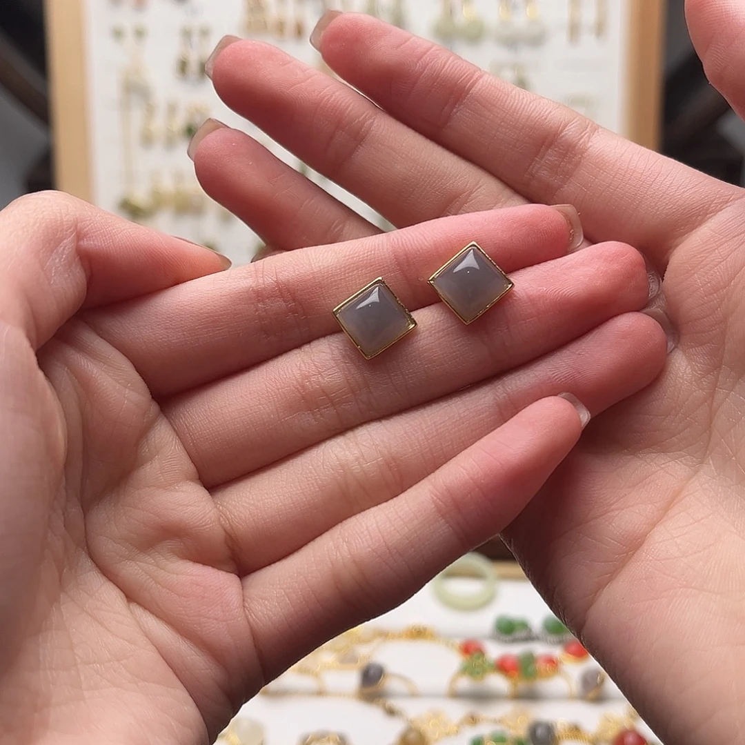 和田玉银S925镀金镶嵌耳饰