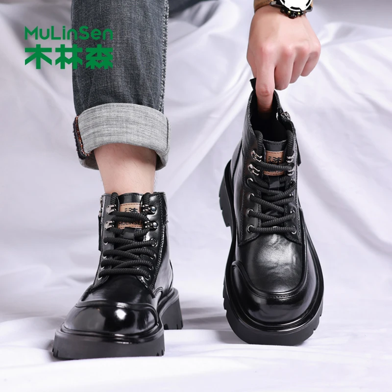 木林森高帮马丁靴男款秋季高级感软皮增高工装皮鞋商务黑色短皮靴