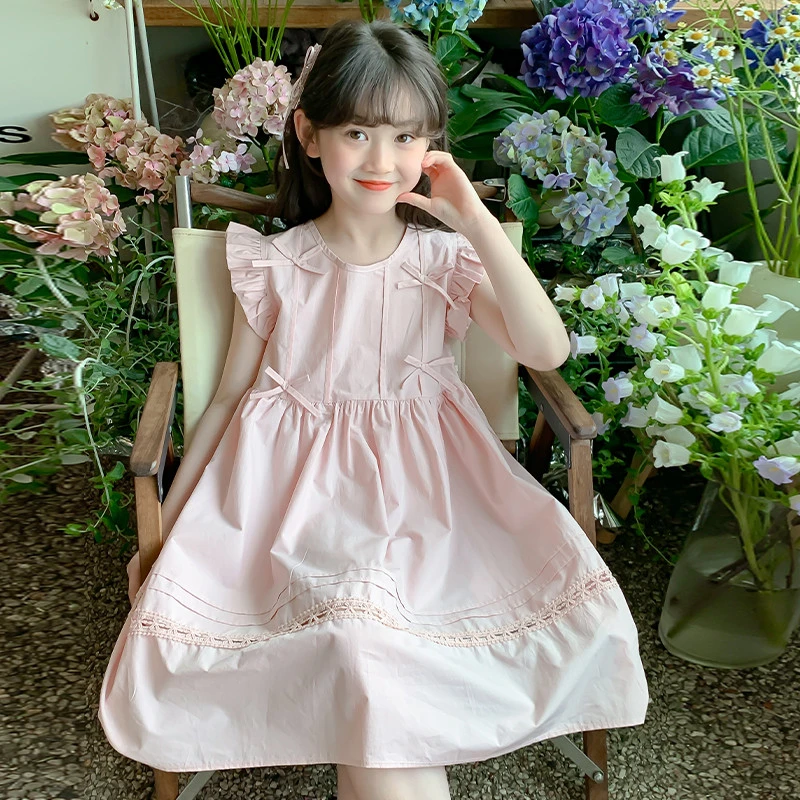 女童甜美无袖纯棉连衣裙夏季中大童时尚飞袖公主裙女孩夏款长裙子