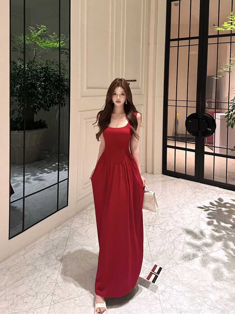 【玫馥花集】法式复古吊带连衣裙无袖修身显瘦红色裙子性感气质