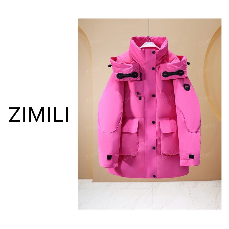 【亮哥女装】2025冬季新品玫红色90绒高蓬松加厚连帽羽绒服25706